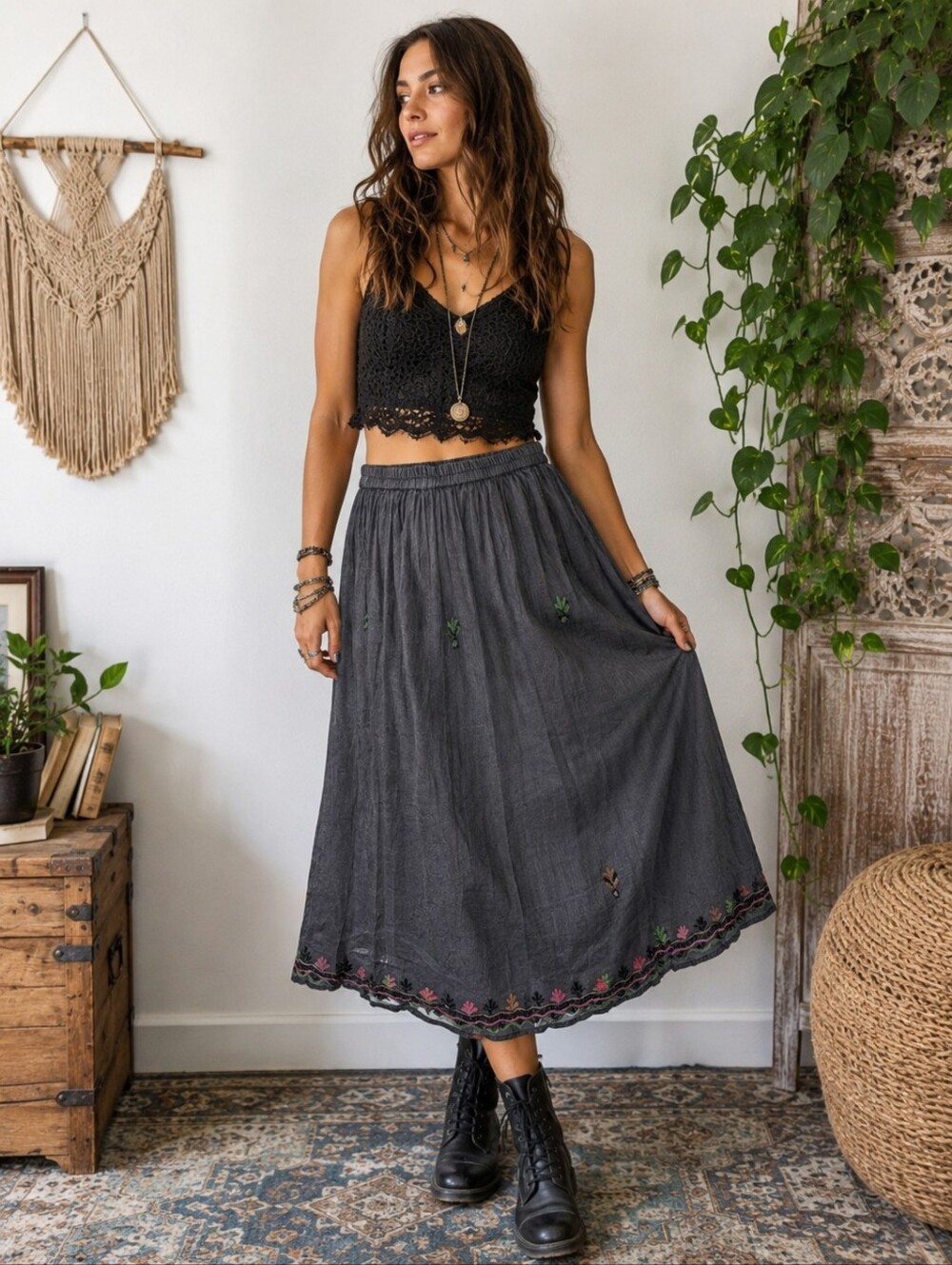 Young Threads Embroidered Crinkle Midi Skirt Boho Prairie Charcoal Gray M